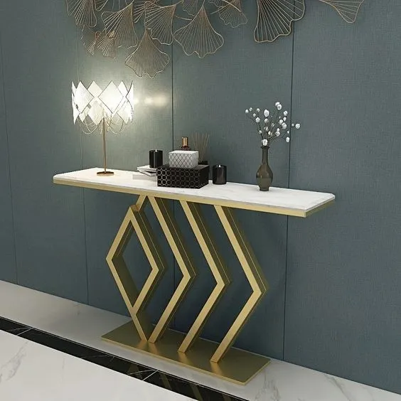 White Rectangular Stylish Tea Table Luxury Arrow Console In Gold 150X45X80 4