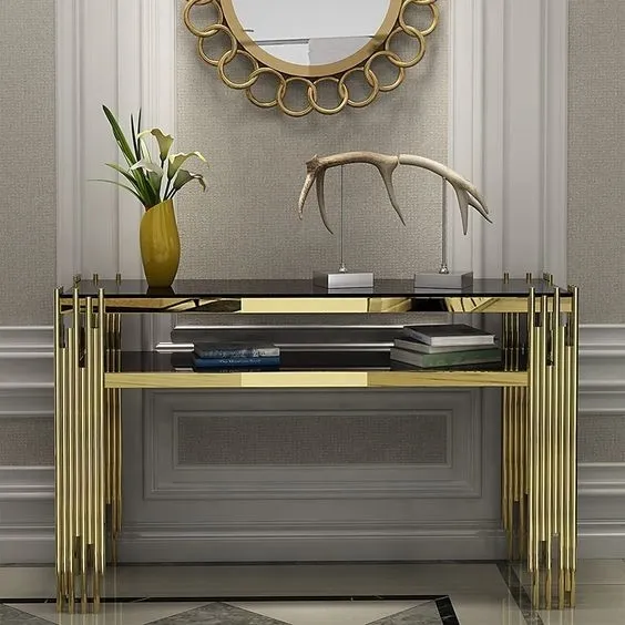 White Rectangular Stylish Tea Table Luxury Arrow Console In Gold 150X45X80 5