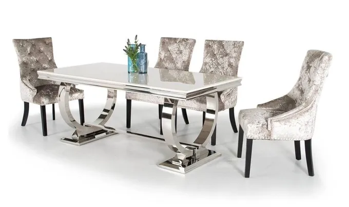 Silver Gold Stainless Steel Leg Dining Table Set 6 Seater With Marble Top 0