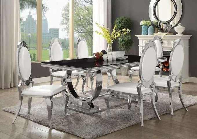 Silver Gold Stainless Steel Leg Dining Table Set 6 Seater With Marble Top 1