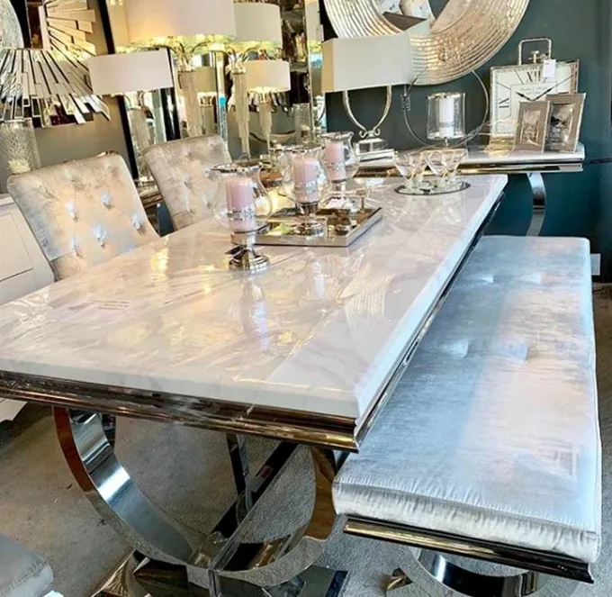 Silver Gold Stainless Steel Leg Dining Table Set 6 Seater With Marble Top 2