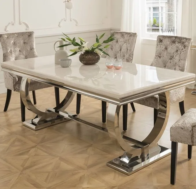 Silver Gold Stainless Steel Leg Dining Table Set 6 Seater With Marble Top 3