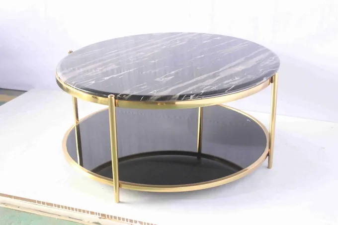 Double Glass Round Coffee Table With Gold Metal Home Use 0